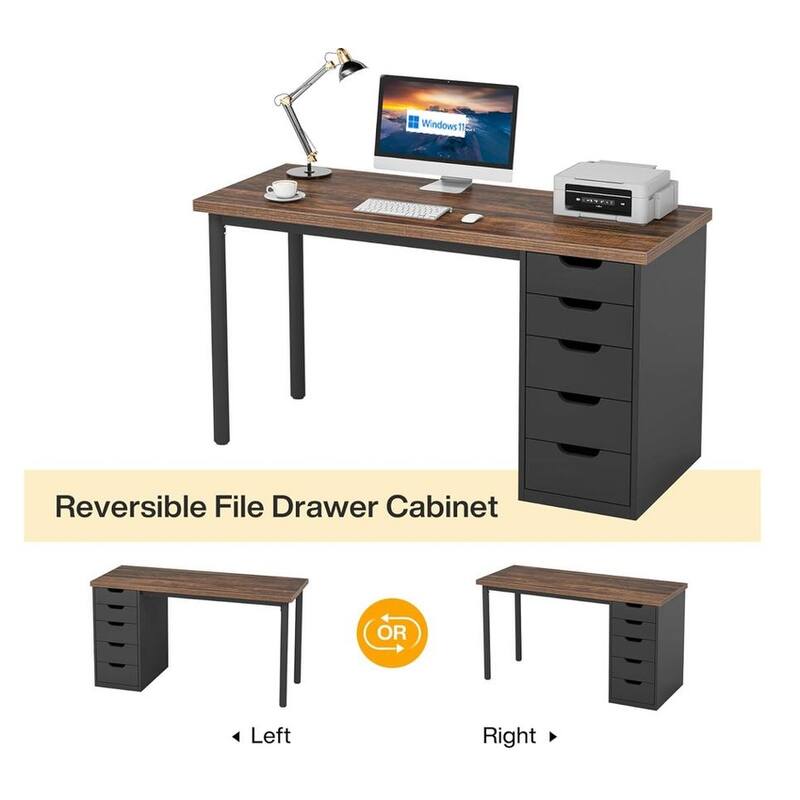 47" Computer Desk with 5 Drawers & Reversible Cabinet, Rustic Brown & Black