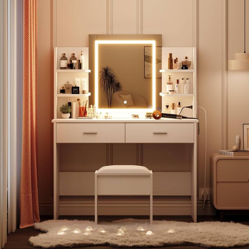 Vanity Desk with Lighted Mirror and 6 Storage Shelves