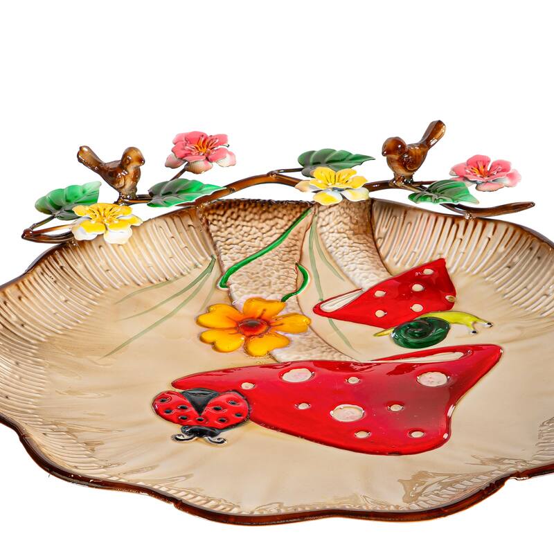 17" Metal Sculpted Edge Bird Bath, Flowers & Mushrooms