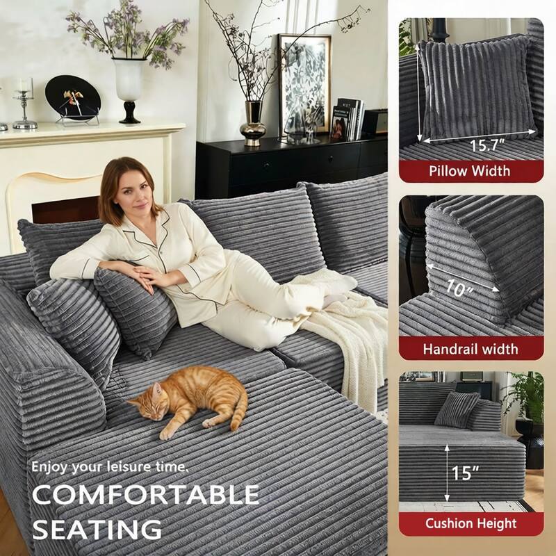 130" U-Shaped Corduroy Sectional Sofa with 2 Ottomans, No Assembly Required