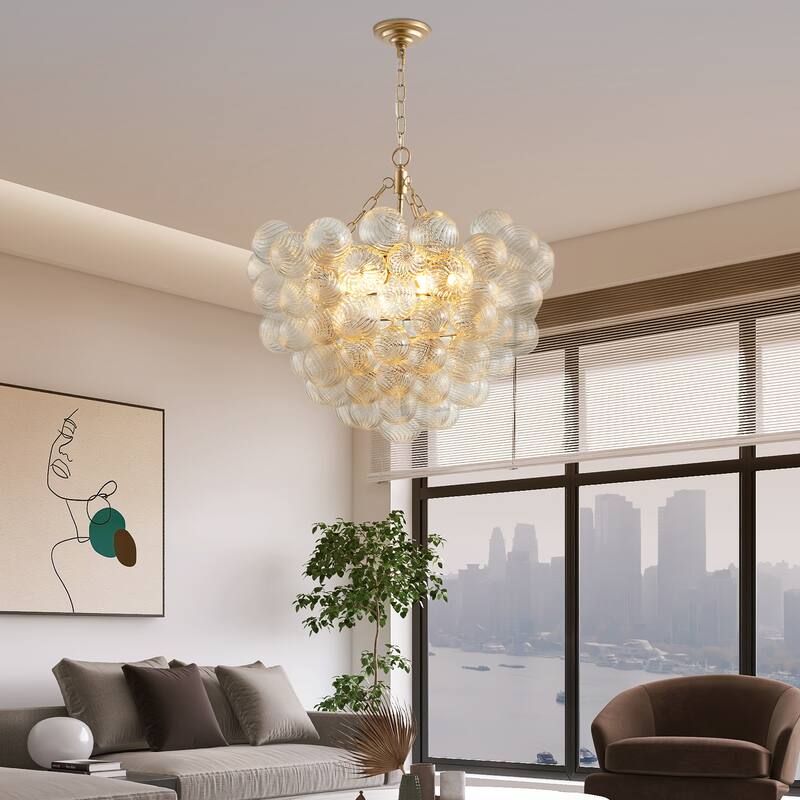 Modern Light Chandelier with Threaded Clear Glass Globe Shade Adjustable Height, for Living Room Dining Room, Kitchen