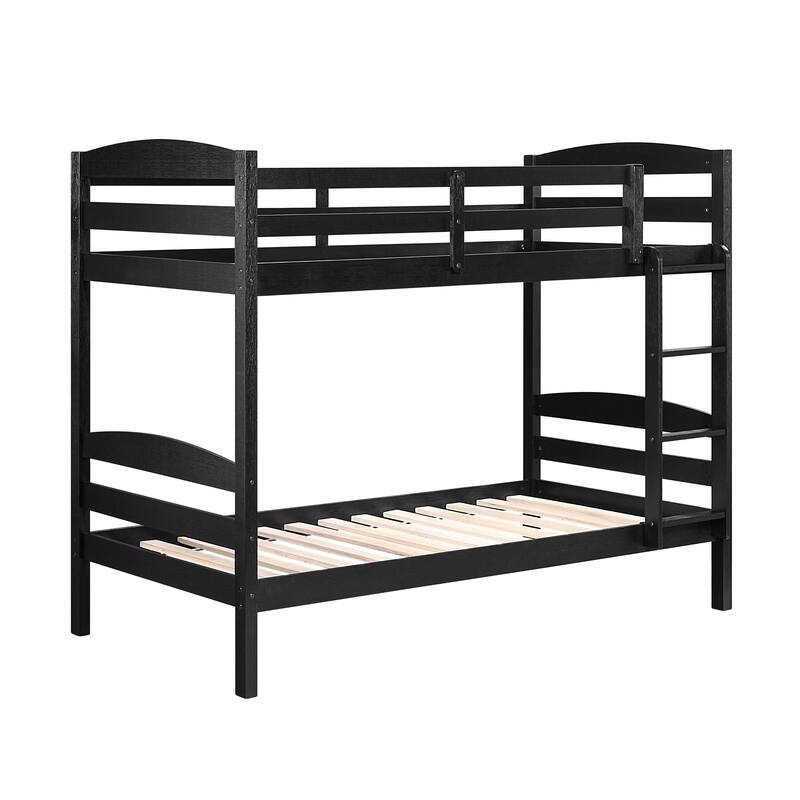 Twin Over Twin Bunk Bed with Guard Rails, Sturdy Wooden Black Finish, Youth Bedroom Furniture