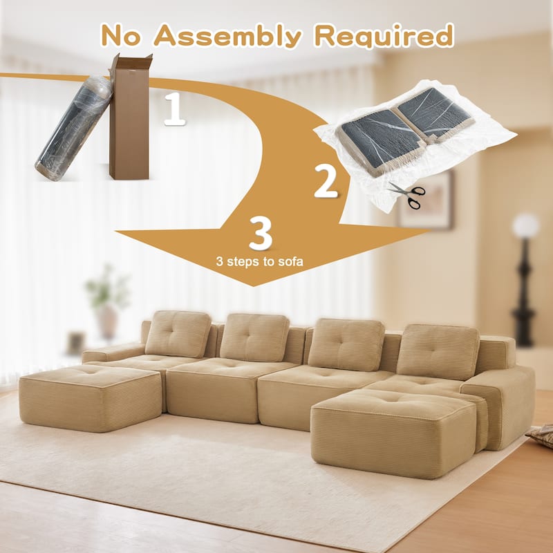 Roomfitters No Assembly Modular Sofa, 117 Inch Corduroy 3-Seater with Piping, Camel