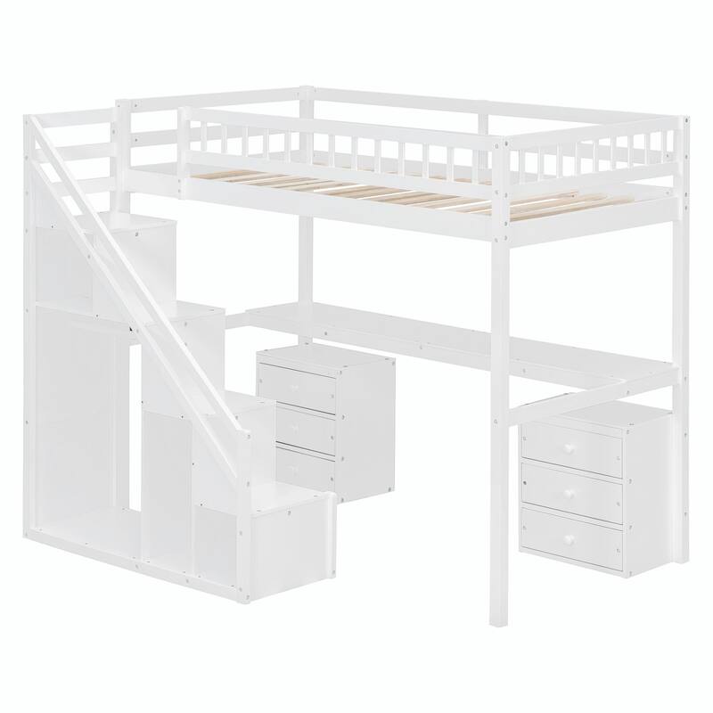 Loft Bed with Two Chest of Drawers, Integrated Desk, and LED Light Strip