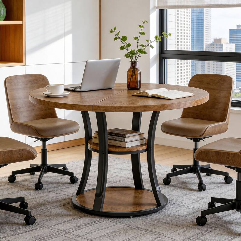 39" Round Conference Table with 2-Tier Storage Shelf for Meeting Room - 39.37" D x 39.37" W x 29.53" H - Brown