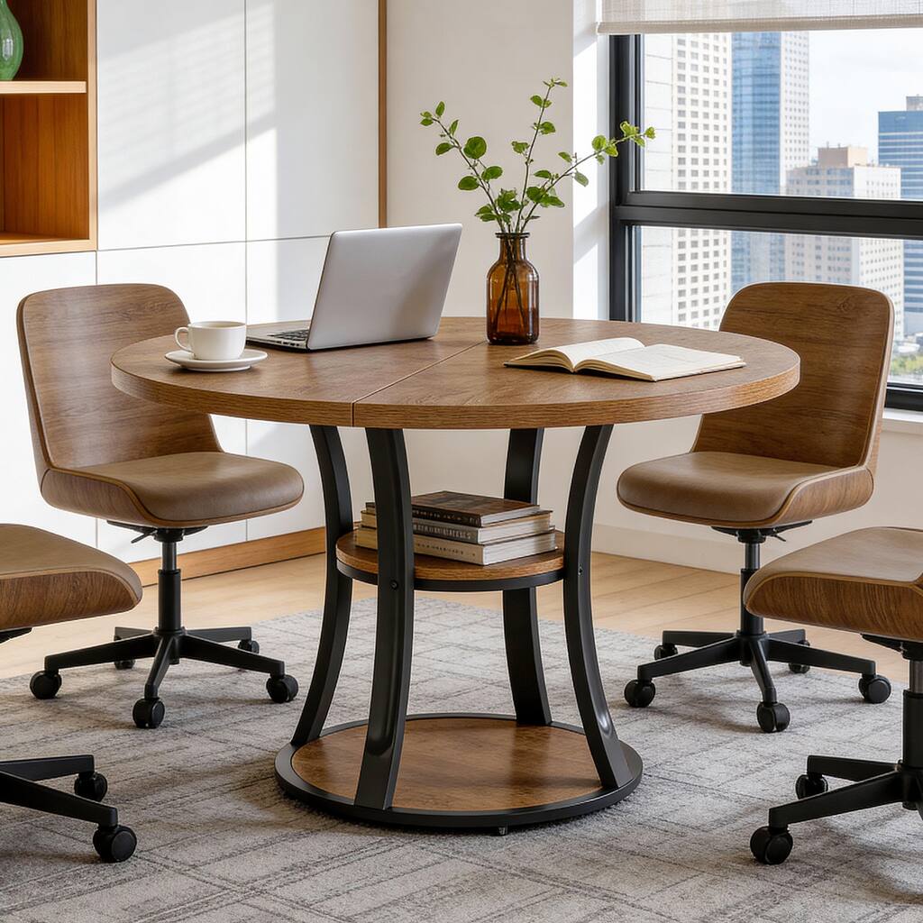 39" Round Conference Table with 2-Tier Storage Shelf for Meeting Room - 39.37" D x 39.37" W x 29.53" H