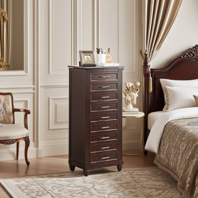 Tall Standing Jewelry Armoire with Mirror,Lockable Wooden Jewelry Cabinet with 9 drawers and side door,