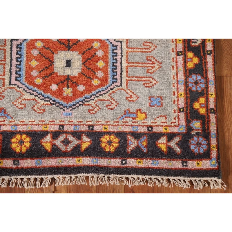 Geometric Grey Kazak Foyer Rug Hand-Knotted Wool Carpet - 3'0"x 5'0"