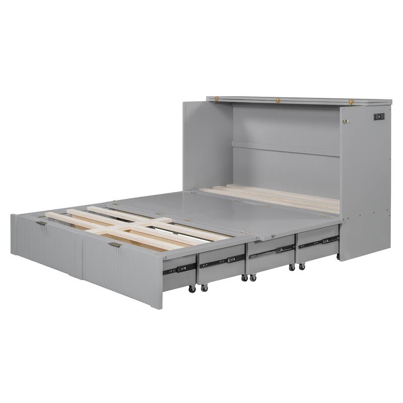 Queen Size Wall Bed with Drawer, USB Ports & Smooth Pulley Mechanism, Space-Saving Gray Cabinet Bed
