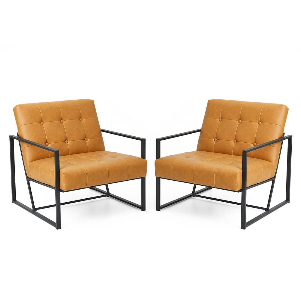 Glitzhome Set of 2 29.25"W Mid-Century PU Leather Tufted Accent Chairs
