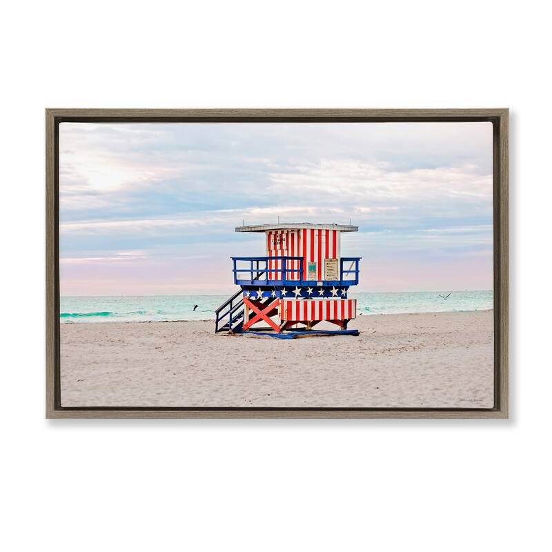Stupell Patriotic Lifeguard Hut Framed Floater Canvas Wall Art Design By Seven Trees Design - 31 x 21 - Brown