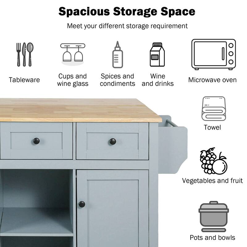 Roomfitters Kitchen Cart with Rubber wood Drop-Leaf Countertop, 5-Wheel Kitchen Island with Storage Cabinet & 3 Drawers