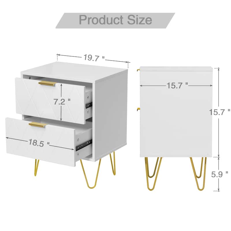 Modern Set of 2 Nightstands with Metal Legs 2-Drawer Bedside Table