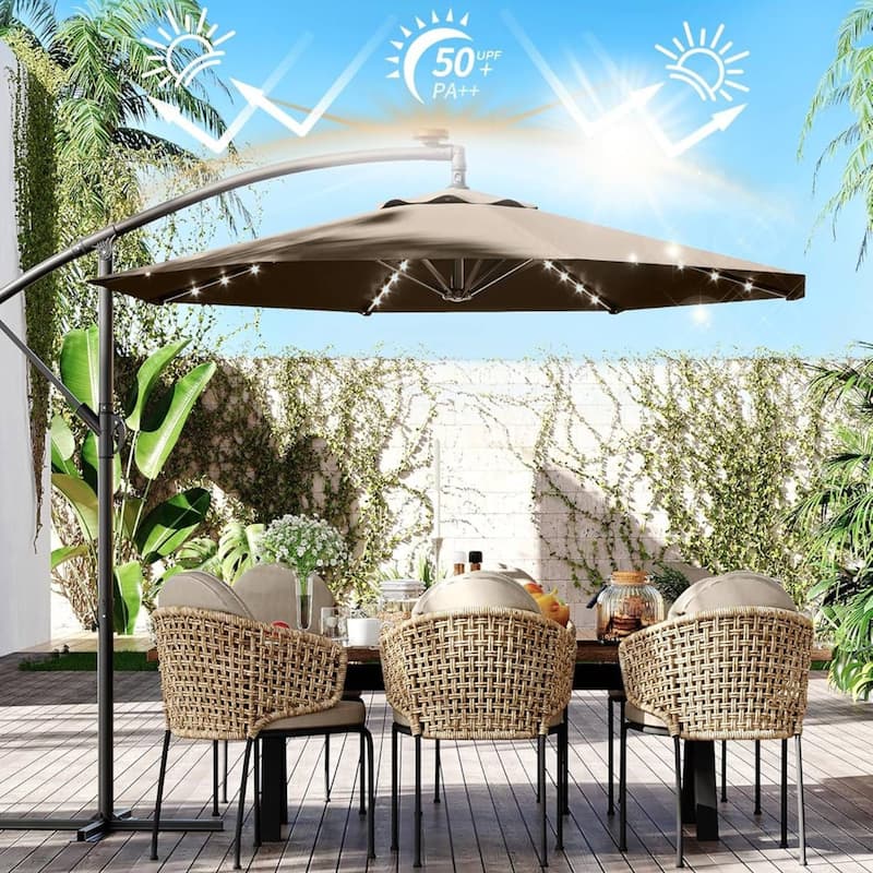 10FT Patio Outdoor Offset Umbrella with Lights for Deck Poolside Lawn Backyard