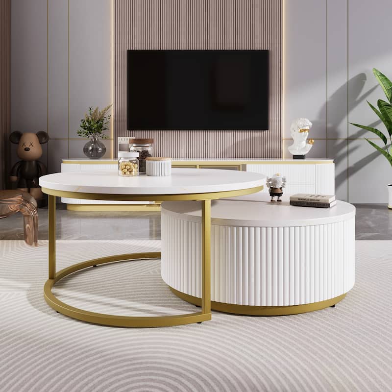 Modern Round Nesting Coffee Set of 2, Stacking Living Room Accent Tables with Gold Metal Frame, Office Wood Center Table - White