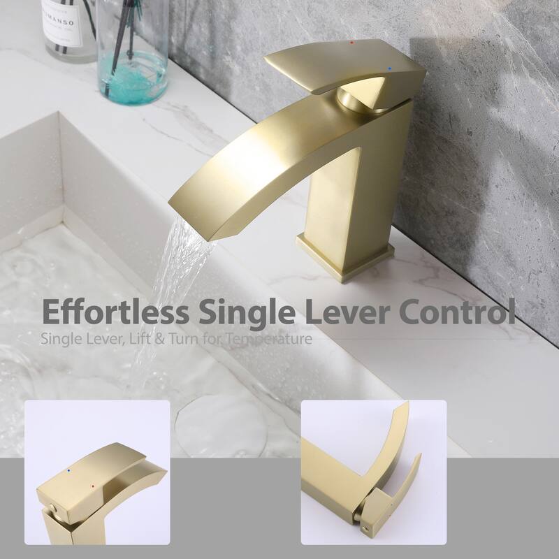 Modland Waterfall Bathroom Faucet Single Hole, CEC/CUPC Certified, with Cover Plate (Brushed Gold/Matte Black)