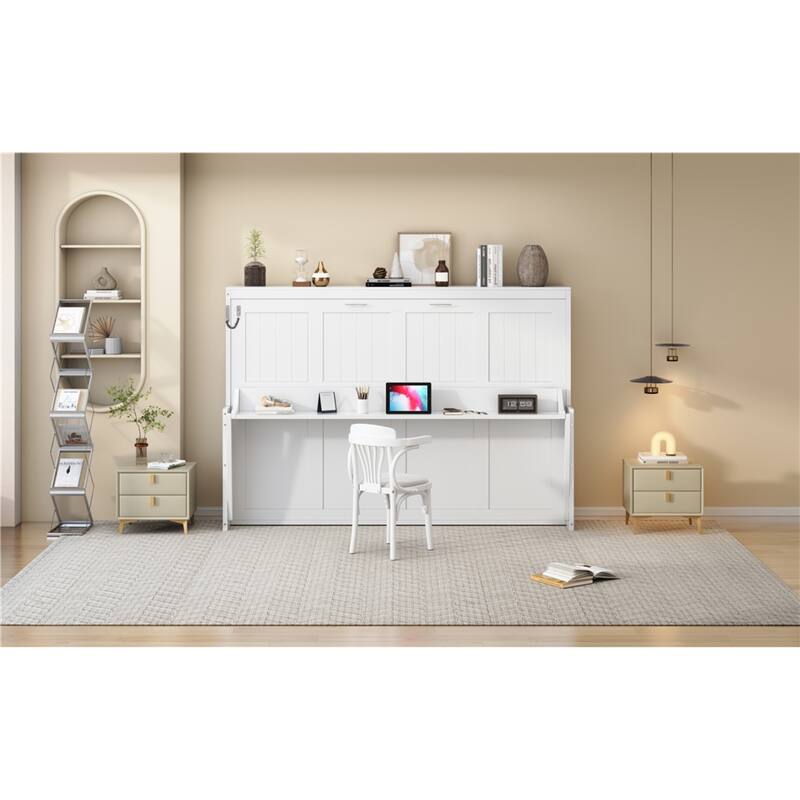 Roomfitters Full/Queen Murphy Bed with Hydraulic Lift and Folding Desk, Space Saving Wall Mounted Sleeper