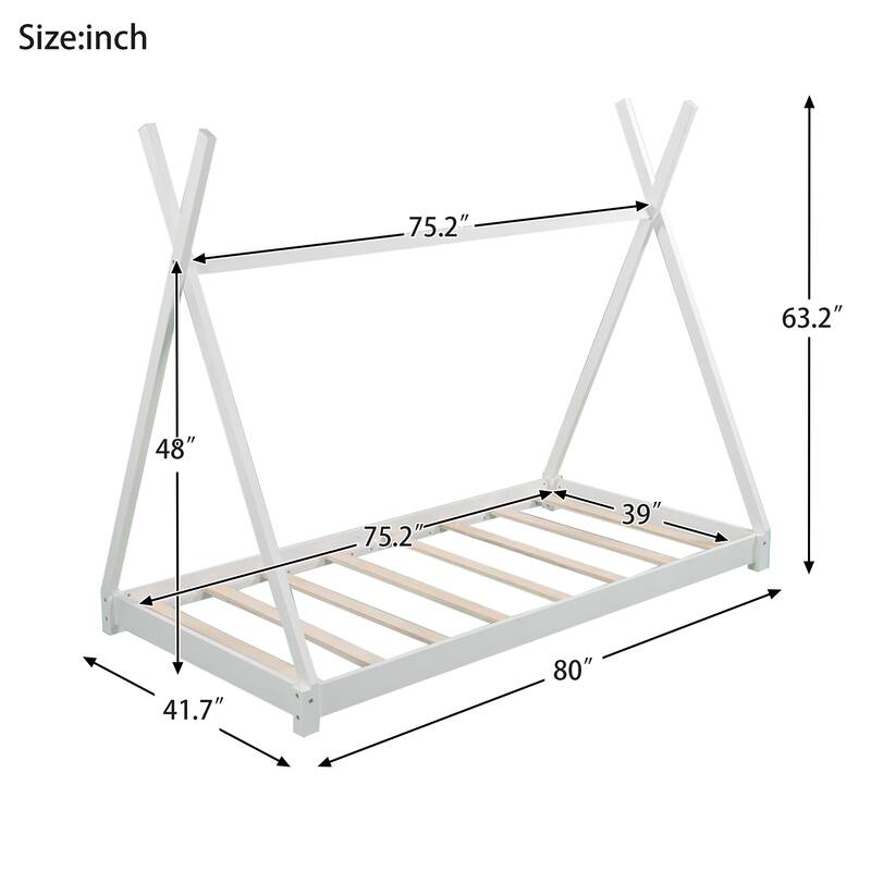 Kids Twin House Bed with Low Platform and Sturdy Pine Frame