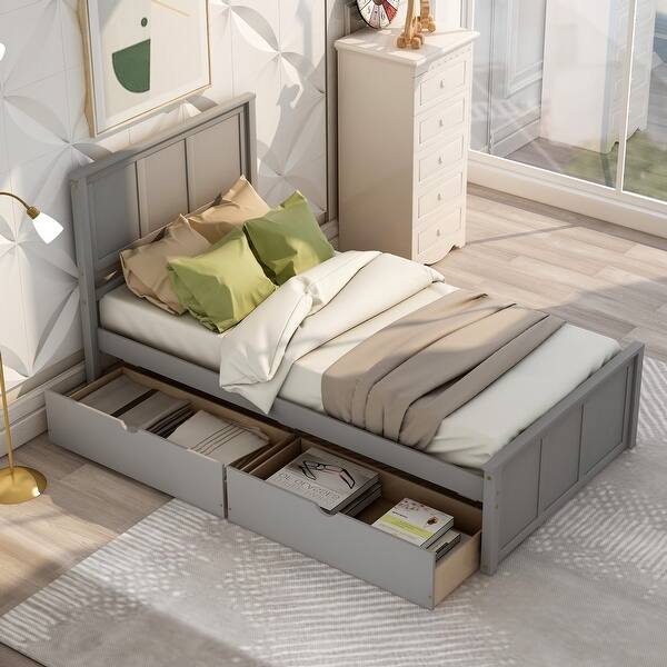 slide 2 of 18, Platform Storage Bed, 2 drawers with wheels, Twin Size Frame Grey