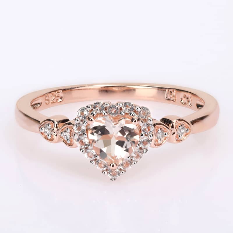 Miadora Rose Plated Sterling Silver Morganite, White Topaz and Diamond Accent Heart Halo Ring
