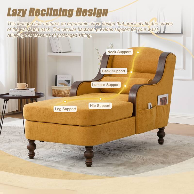 Ergonomic Chaise Lounge Indoor Chenille Single Lazy Sleeper Sofa Bed with Side Pockets, Solid Wood Armrests and Foots