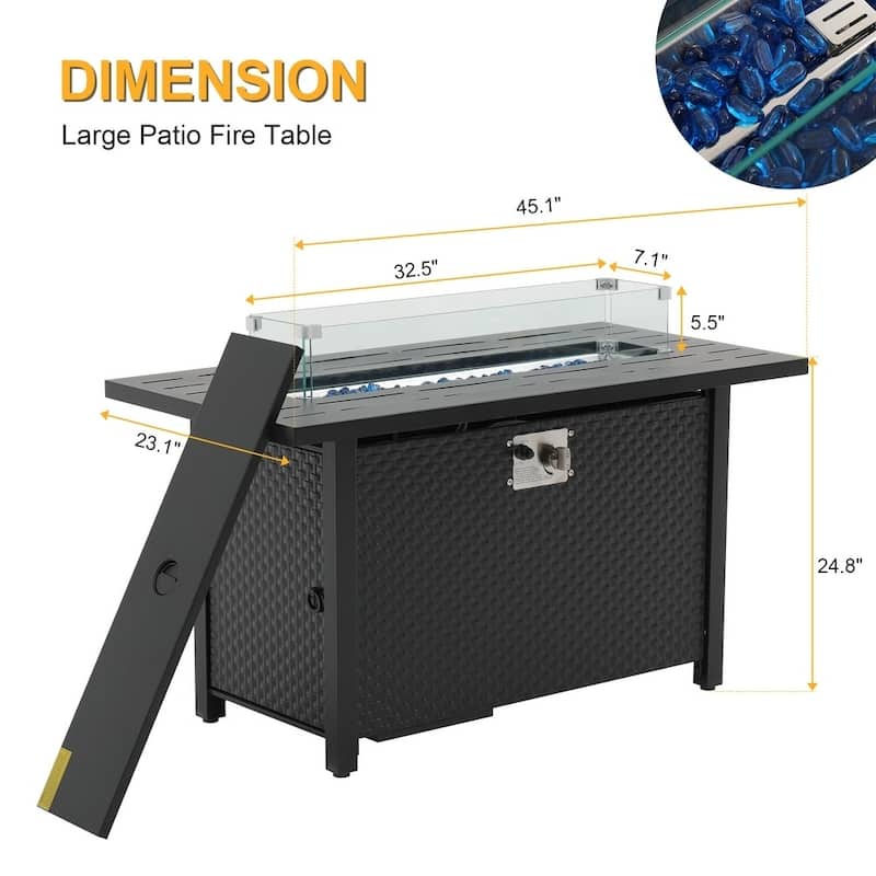 Outdoor 50000 BTU Rectangular 45” Propane Fire Pit Table with Glass Wind Guard for Patio, Deck, Backyard, Black