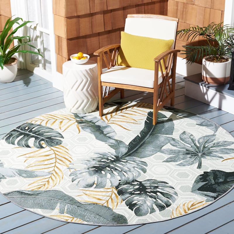 SAFAVIEH Barbados Xhezide Tropical Indoor/ Outdoor Waterproof Patio Backyard Rug - 5'3" Round - Grey/Gold