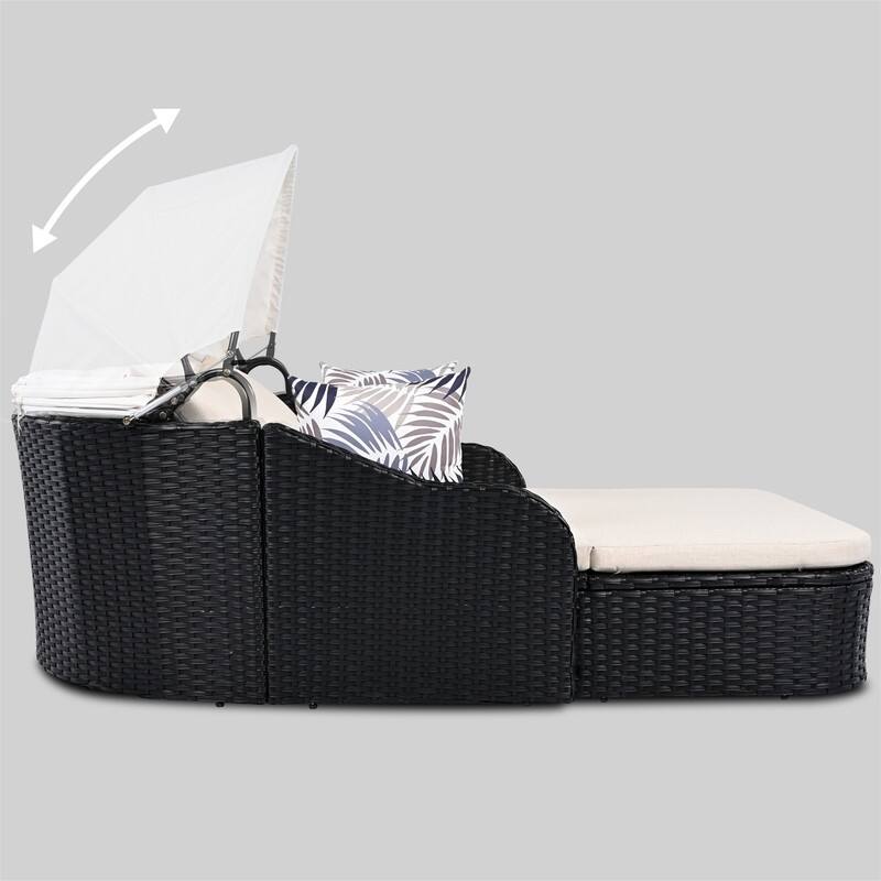 Outdoor Rattan Sunbed, Patio Wicker Daybed Lounger with Adjustable Canopy, Double Lounge,Thick Seat & Cushions, Conversation Bed