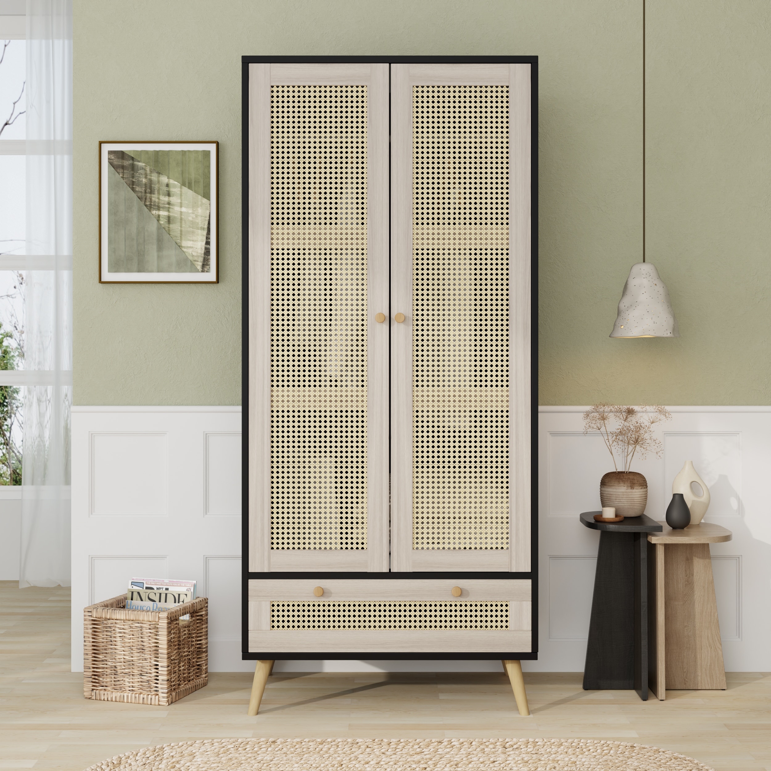 Roomfitters 2 Door Rattan Armoire, Tall Wooden Wardrobe Closet, Hanging Rod, Boho Style Storage Cabinet, Natural+Black