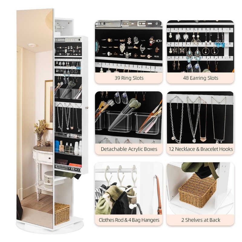 360 Full Length Mirror Jewelry Armoire with Hall Tree - N/A