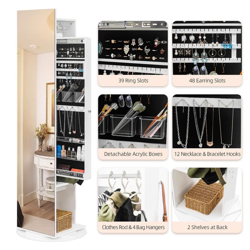 360 Full Length Mirror Jewelry Armoire with Hall Tree