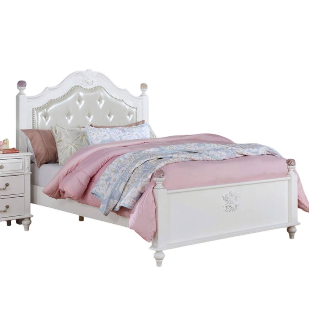 Bela Full Size Bed w Button Tufted Headboard, White Faux Leather