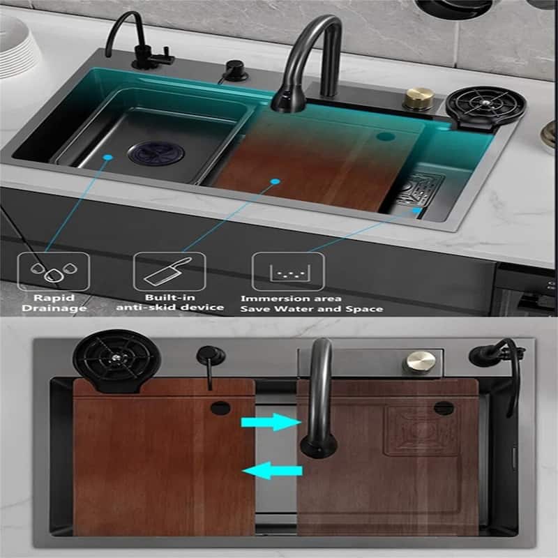 Single Bowl Stainless Steel Kitchen Sink with Waterfall Faucet