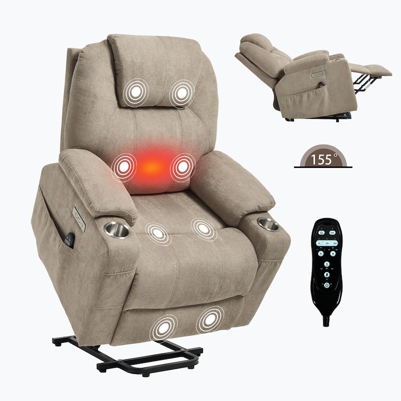 Power Lift Recliner Chair for Elderly Heated Vibration Massage, Lounge Sofa with USB Ports, Cup Holders & Side Pockets