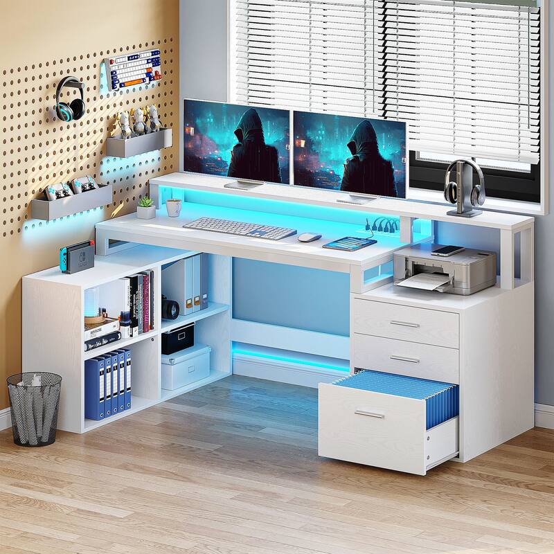 Moasis L Shaped Gaming Desk LED 65 Inch Computer Corner Desk with Monitor Stand and Storage Cabinet - White