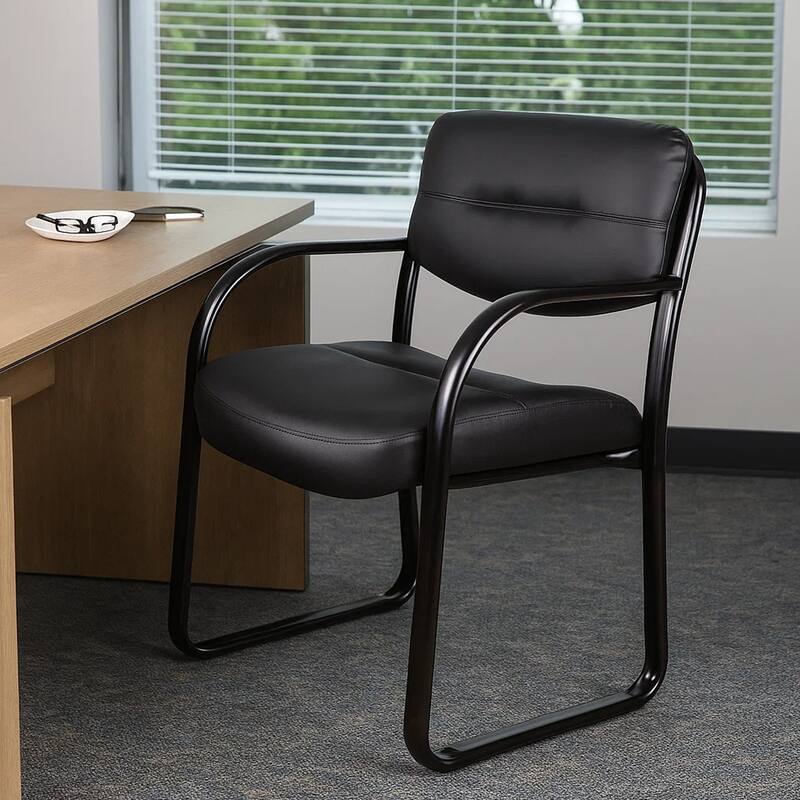 Kate Guest Armchair with Sled Base, Steel Frame, Black Faux Leather