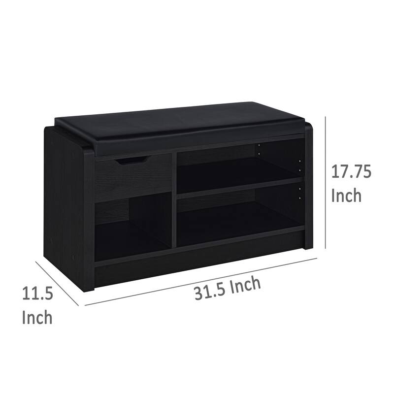 Aryn Storage Bench with Adjustable Shelf, Black Faux Leather, Black
