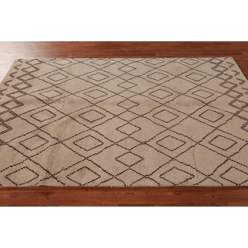 Hand Knotted Oriental 100% Wool Carpet Modern Geometric Beige & Ivories Moroccan Area Rug - 8' 0'' X 5' 0''