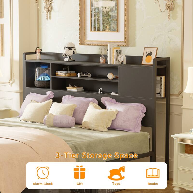 Platform Bed Frame with Reversible Storage Bookcase Headboard and Charging Station and RGB LED Lights