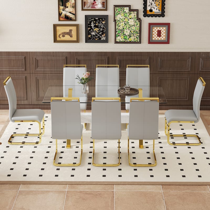 9-Piece Glass Dining Table Set for 8, 71" Rectangular Table with Gold Metal Base, 8 PU Dining Chairs for Kitchen, Dining Room