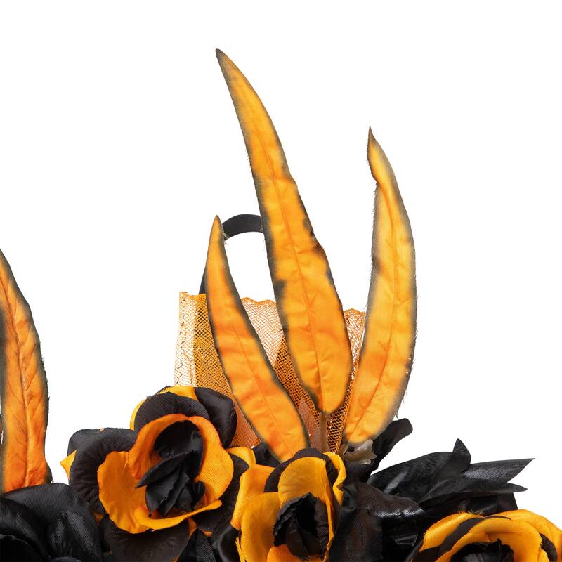 Skull with Black and Orange Roses Halloween Wreath - 14" - Unlit