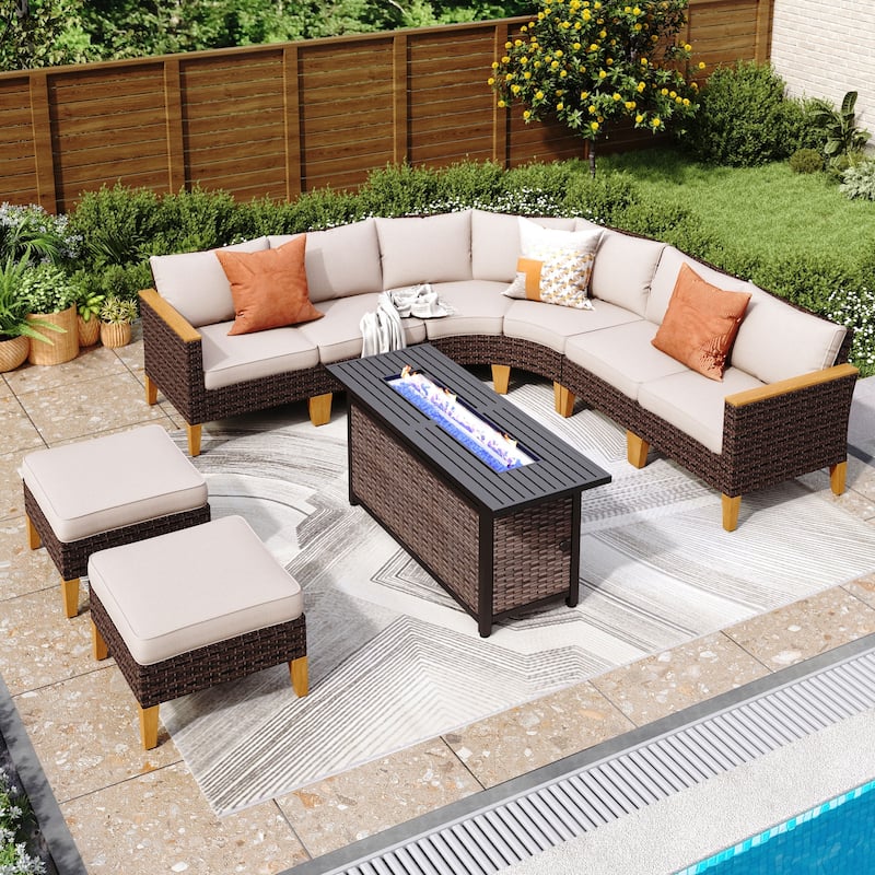 6-11 Piece Patio Outdoor Wicker Sectional Sofa Half-Moon Furniture Set Large Seating Conversation Sets with Fire Pit Table - 8 Seats-1 - Beige