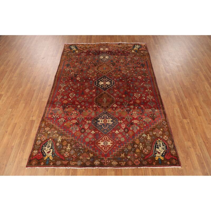 Hand Knotted Oriental 100% Wool Carpet Traditional Tribal Red Shiraz Area Rug - 8' 10'' X 5' 10''