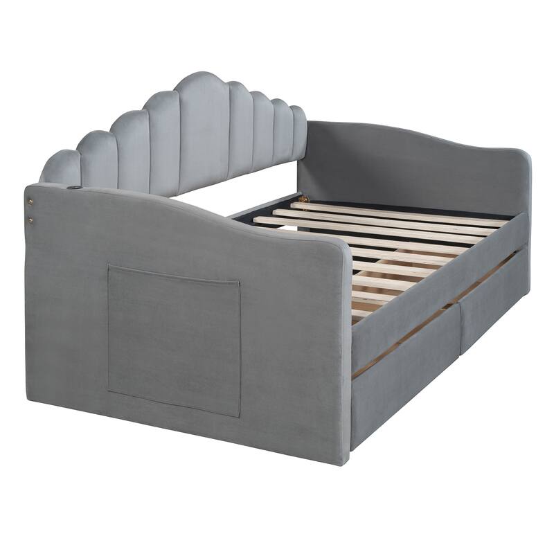 Velvet Twin Daybed with Storage Drawers and USB Ports, No Box-Spring Needed