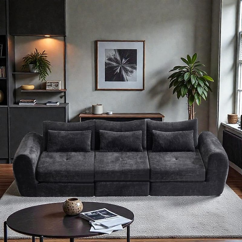 Modular Cloud Sofa, Convertible Folding Sofa Bed, 3-Seat Cushioned Sectional Couch for Living Room Bedroom - Black