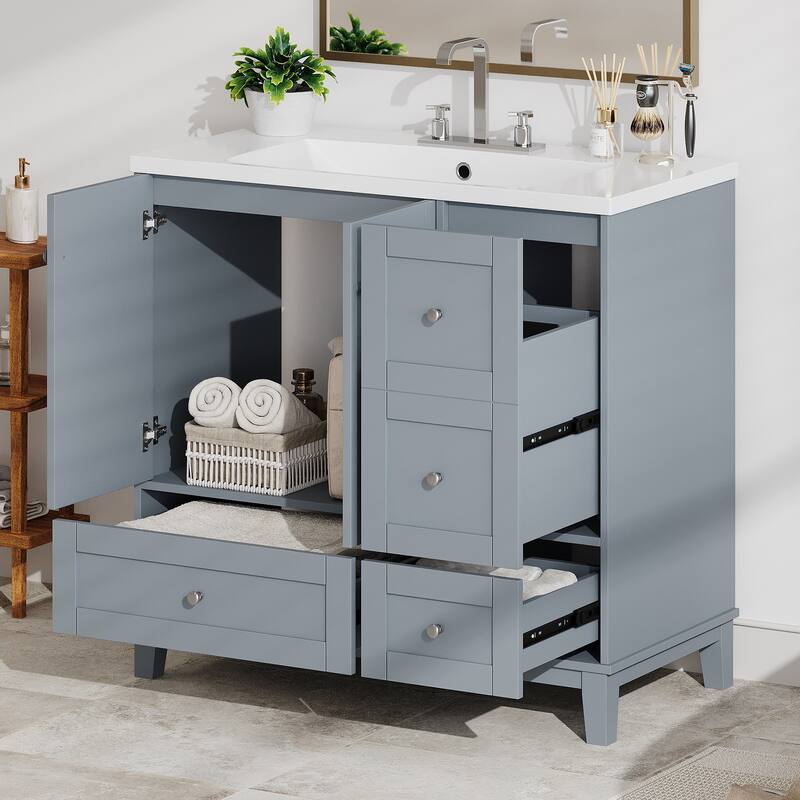 36" Modern Bathroom Vanity with USB Charging, 2Doors and 3Drawers Storage Vanity Cabinet, single sink, Faucets Not Included
