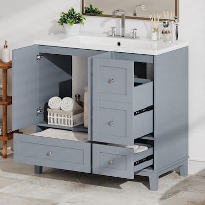 Modern Single Bathroom Vanity with Sink, USB Charging, 2 Doors and 3 Drawers