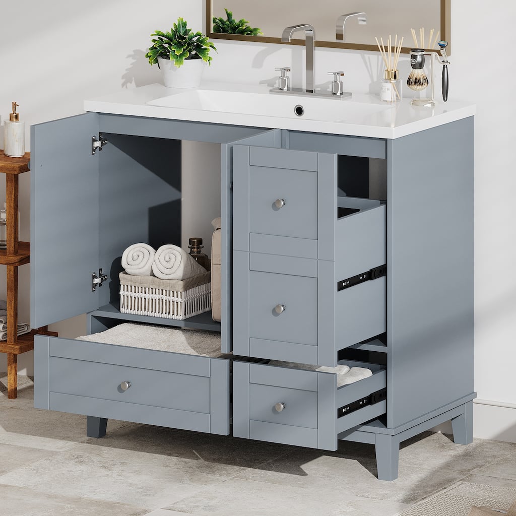 Modern Single Bathroom Vanity with Sink, USB Charging, 2 Doors and 3 Drawers