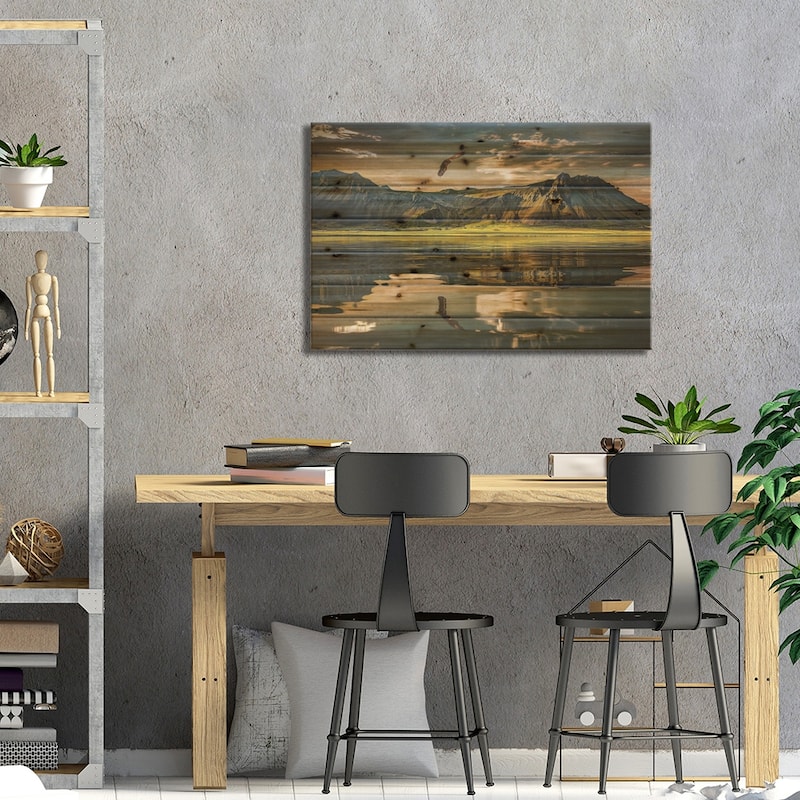 Eagle In Nature And The Reflection Of The Mountains In The Lake Print On Wood by Adrian Vieriu - Multi-Color
