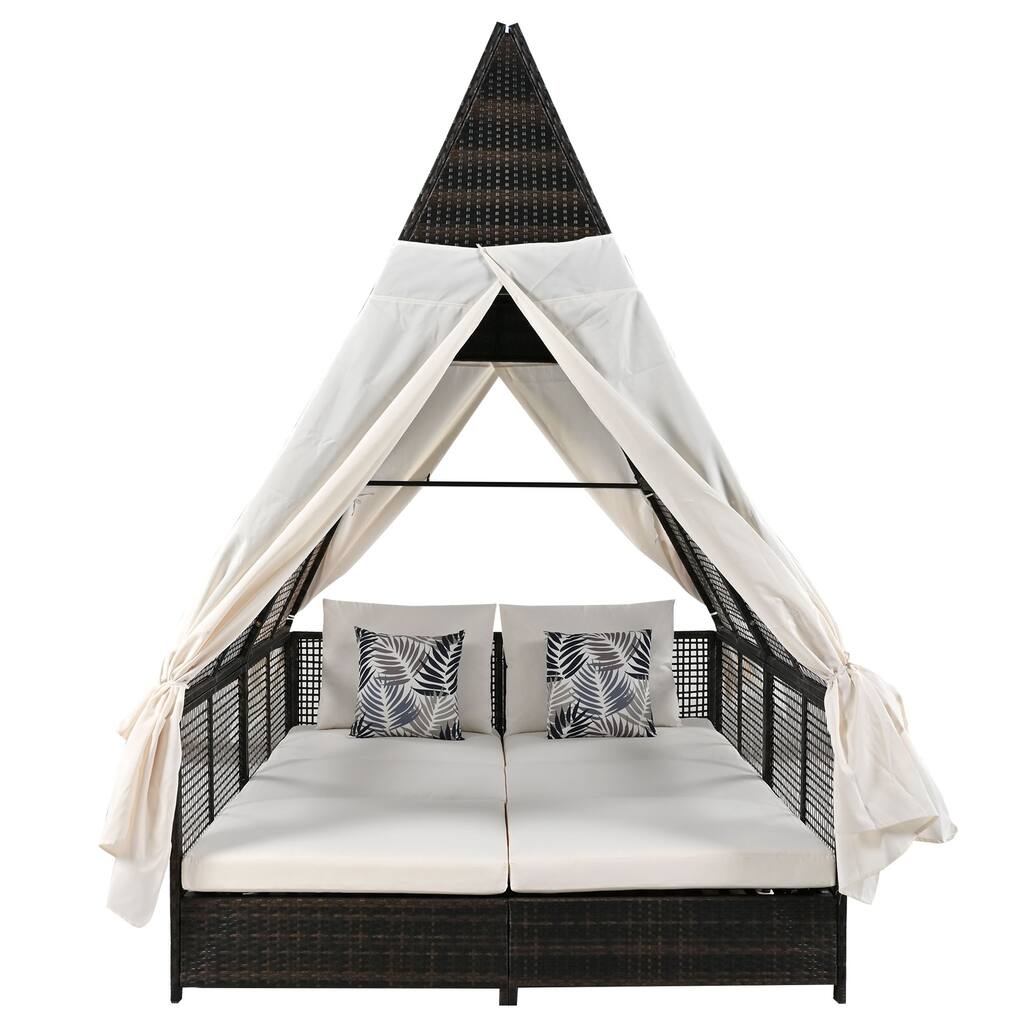 Outdoor All Weather Double Daybed with Curtains, Rattan Patio Lounge Sofa Bed with Adjustable Backrest